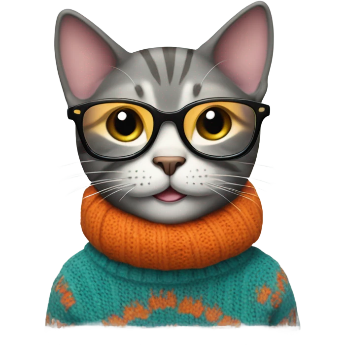 happy cat wearing a sweater and glasses emoji