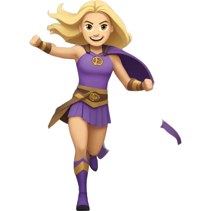 blond haired tall superhero woman with strong shoulders happily boldly charging into action. Her face looks like actress Annie Murphy. Her costume colors are purple and yellow. Her shoes are Hoka. The emblem on her costume is a Minnesota Viking. emoji