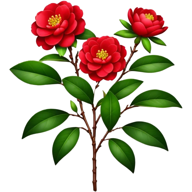 bouquet Red Camellia, luxuriant, stem, leaf emoji