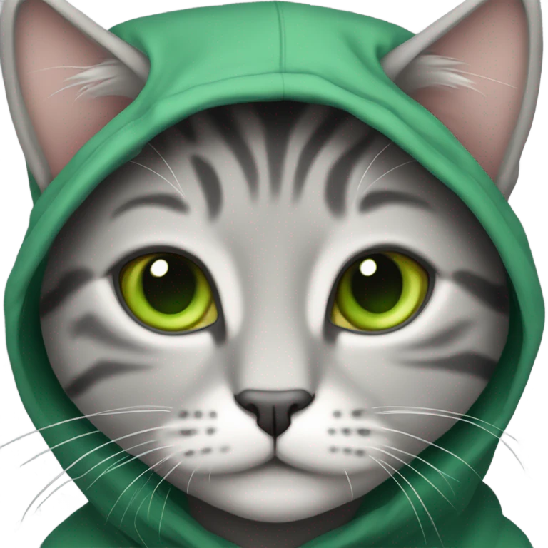 Grey tabby cat with green eyes wearing a hoodie emoji