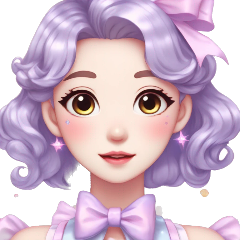 Gorgeous pastel anime style lady with blushing face with sparkly bow tie  cottagecore fairycore pastelcore shiny colorful pearly petite simplistic aesthetic trending style emoji