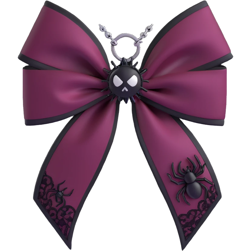3D emoji gothic bow, dark burgundy satin, black lace overlay, silver spider charm, moody and elegant emoji