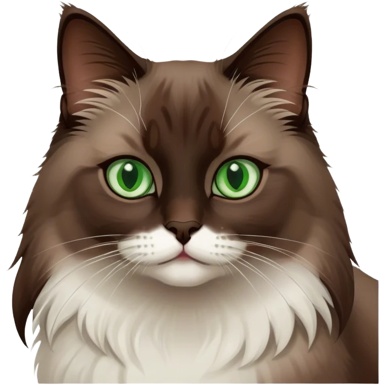Dark Brown ragdoll cat with a white chest and green eyes emoji