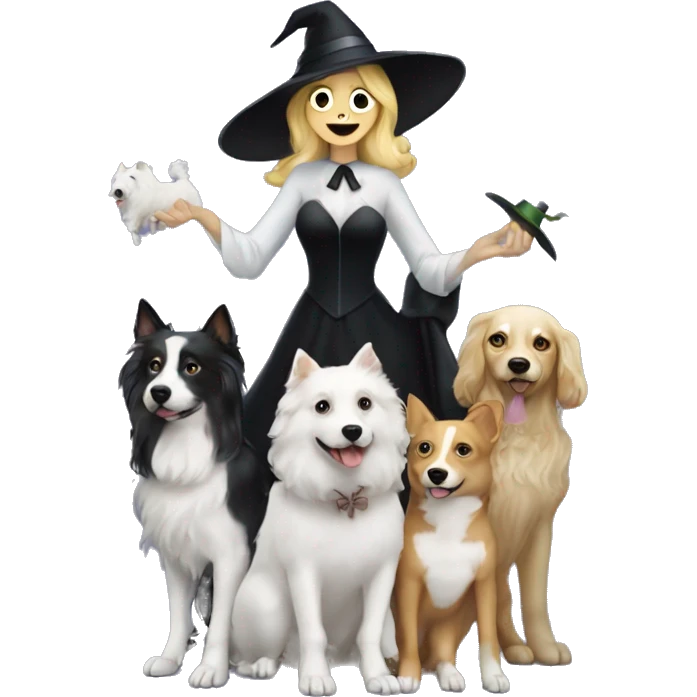 A wicked witch but not really wicked flying on a bloom with her pack of dogs following her.  One white dog, one curly and blond and one black with a white tuxedo  emoji