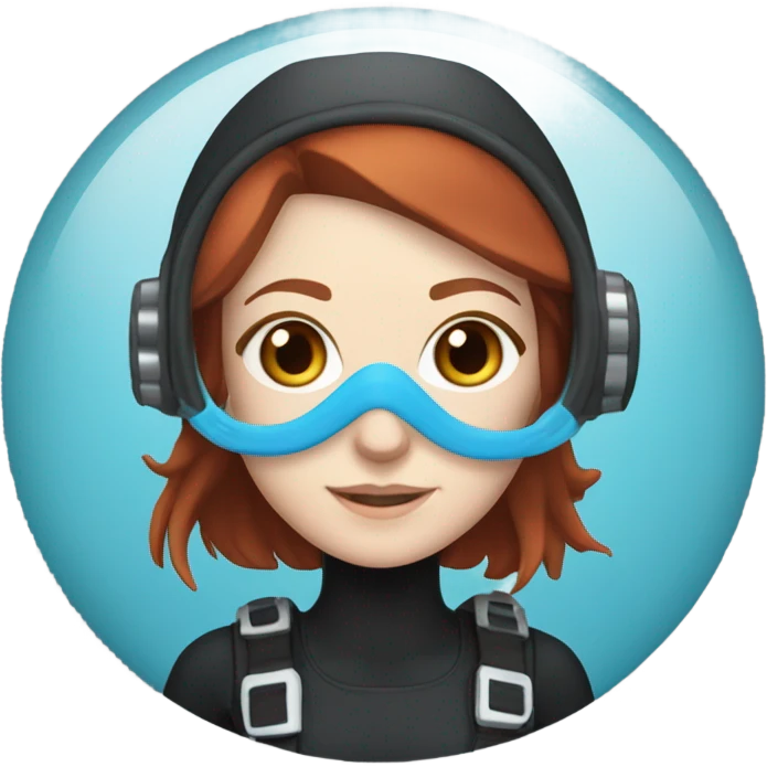 A young woman with red/ brown hair, blue eyes and pale skin in scuba diving gear with a light blue mask  emoji