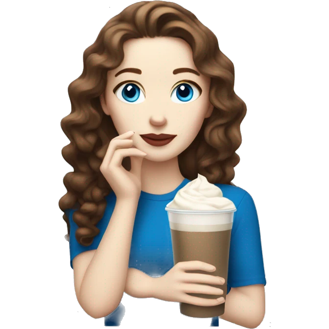 Pale skin women with brown wavy hair and blue eyes drinking ice latte  emoji