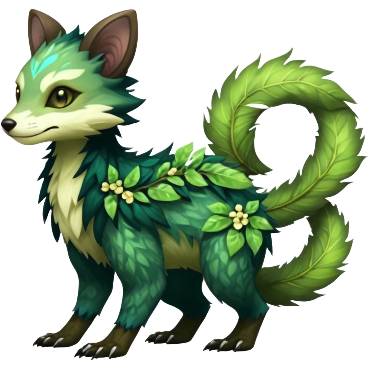 Sharp swampy realistic mossy grassy elemental ivy floral detailed Colorful translucent luminescent glowing Trico-Sergal-Furret-Ferret-Wolverine-Vernid-furry-fursona-fusion-Fakemon-animal-hybrid-creature, full body emoji