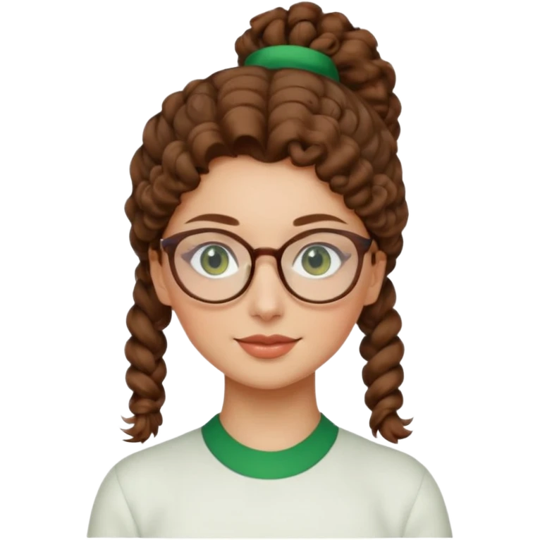 iranian woman, tight curly light brown hair in one high pony tail, glasses, green eyes, pretty, oval shape face, no hajib emoji