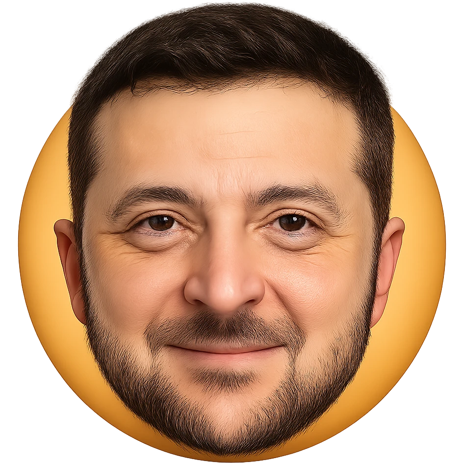 portrait of Vladimir Zelensky as a round face emoji with highly detailed and accurate facial features, realistic hair and beard, expressive eyes, friendly expression, high quality emoji