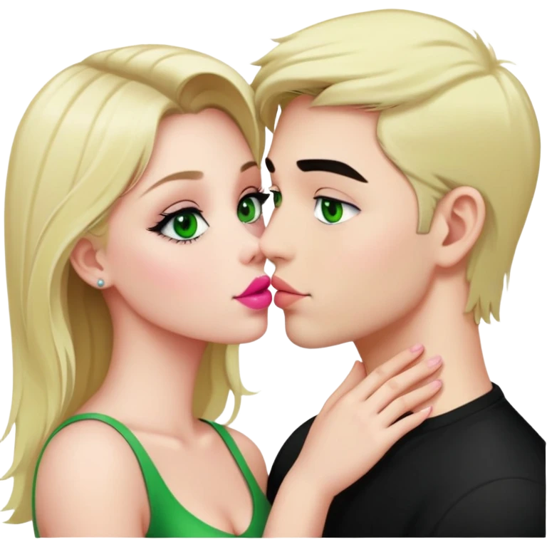 A blonde girl with fair skin and green eyes and pink lips and a guy with fair skin and black hair and green eyes are kissing emoji