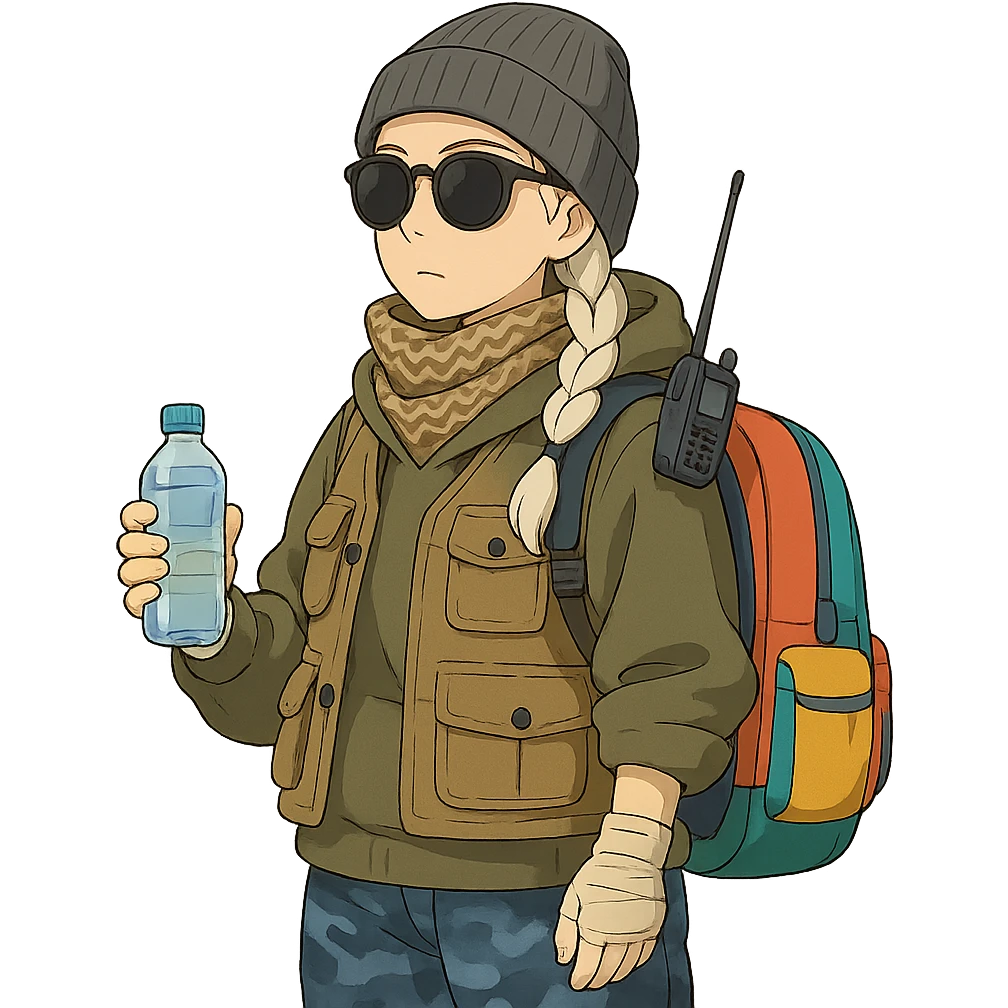 1 female, long white braid, knit cap, dark sunglasses, shemegh neckwrap, fishing vest, vibrant shool backpack, drab hoodie, handwraps, blue camo pants, handheld radio clipped to shoulderstrap of backpack, unkempt, holding a bottle of water emoji