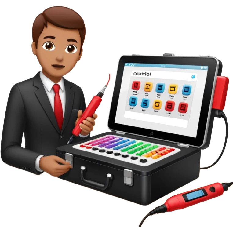 Open professional black testing case on wooden desk. Interior: control panel with colored sockets, USB ports, and power outlet. Inside: a roll of white QR-code calibration stickers. Hand using a red test probe.  emoji