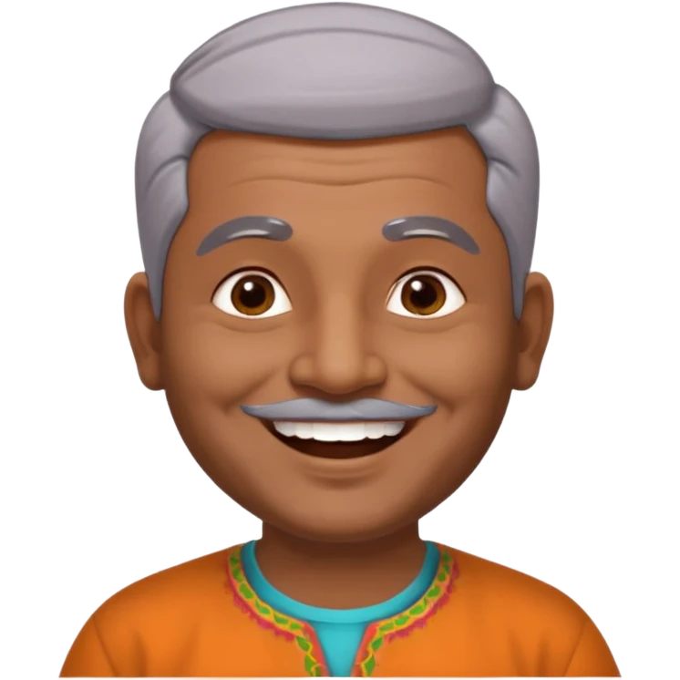 50 yr old indian man, dark skin, grey hair, big smile, white teeth, chubby, no moustache, clean shaven, young style hair, bindy, hair brushed back, stubble emoji