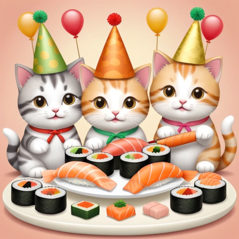 Nine kitties enjoying sushi birthday feast emoji