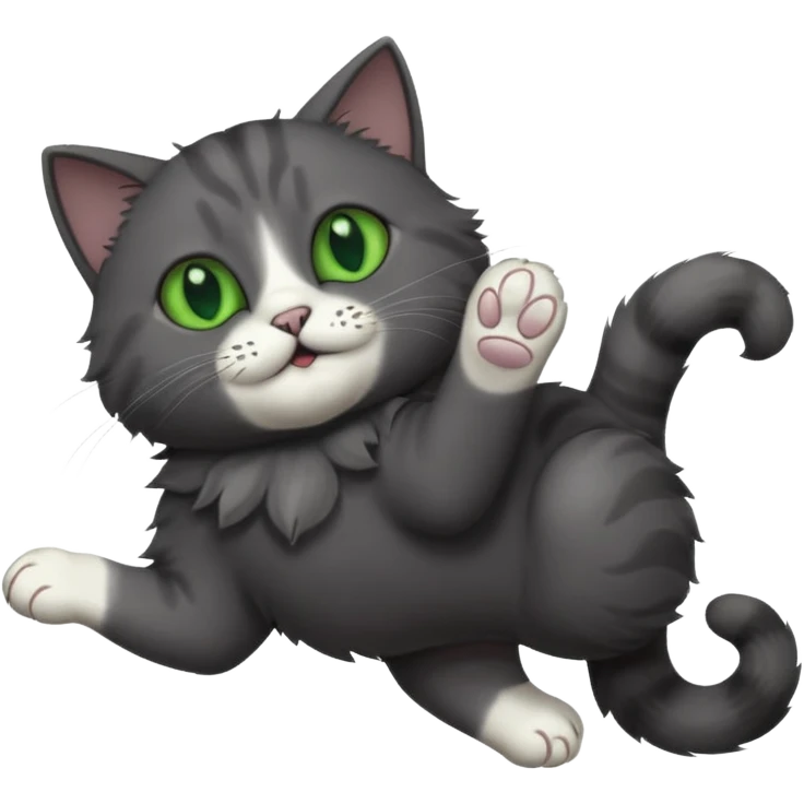 solid dark grey cat with green eyes, completely solid grey face, white toes/paws playfully rolling upside down emoji