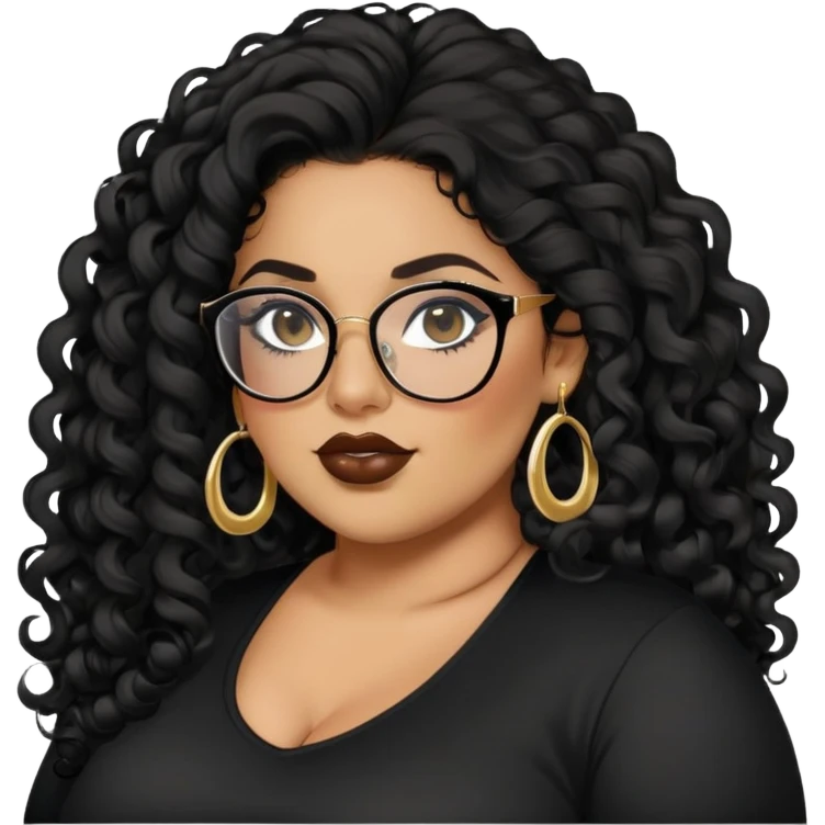 big plus size, latina, darker tan skin, long black curly hair, baddie,pretty, makeup, lipgloss, black eyeliner, long hair, small gold earrings, black top, black glasses emoji