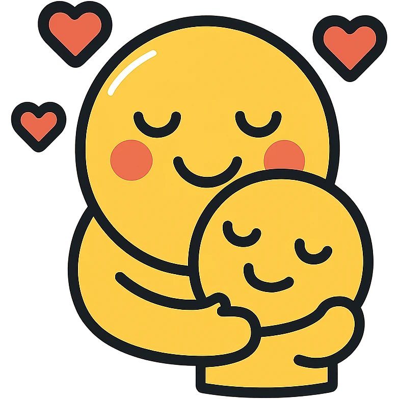 cute loving emoji with two emojis hugging, surrounded by small hearts emoji