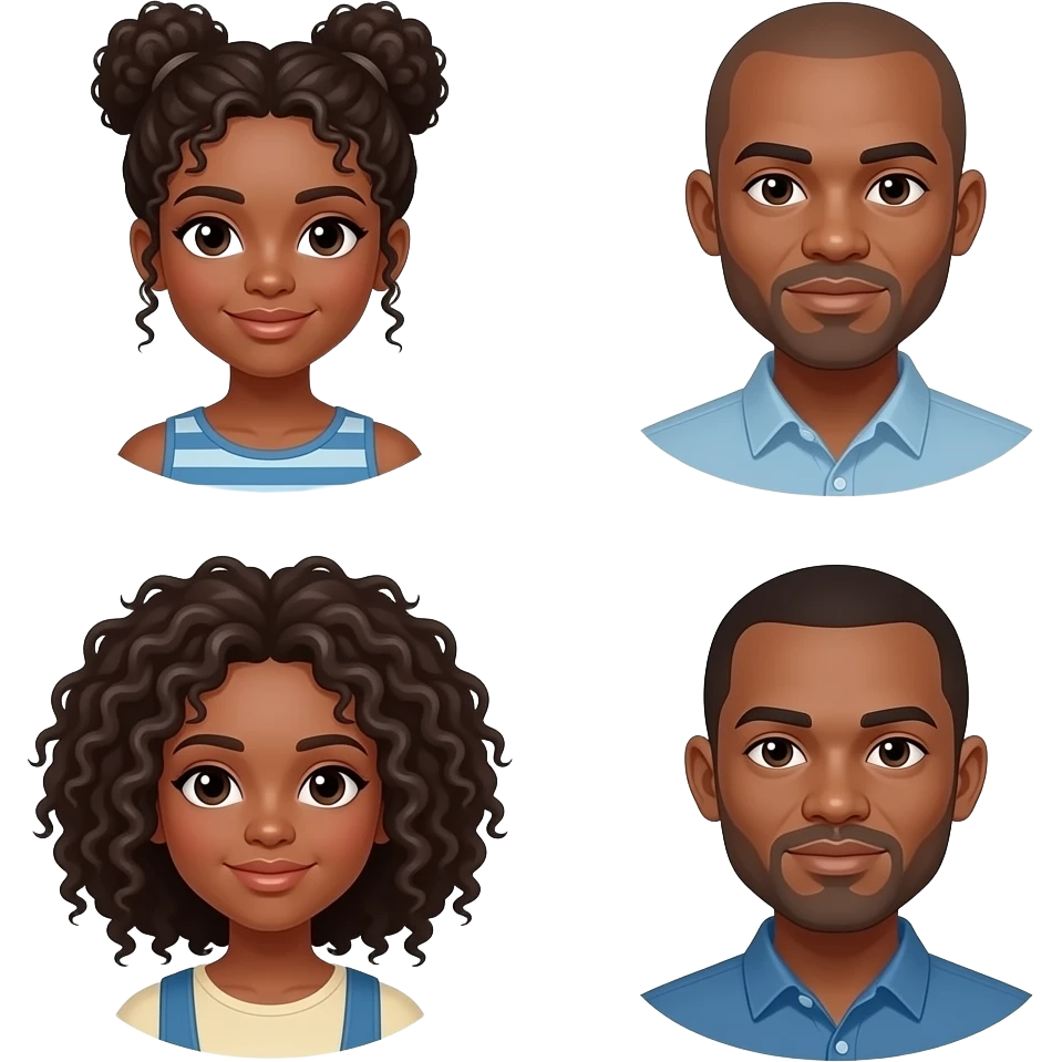 Dark mother with curly messy bun and teenage girl with curly locks and bald father brownskin with emoji