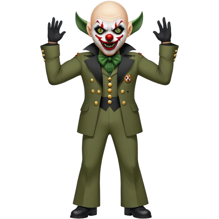 evil clown, bald, small black satan horns on forehead, fangs, pointed ears, black and military green leisure suit with bellbottom pants, realistically proportioned, less bulky, full body, battle-ready fighting posture emoji