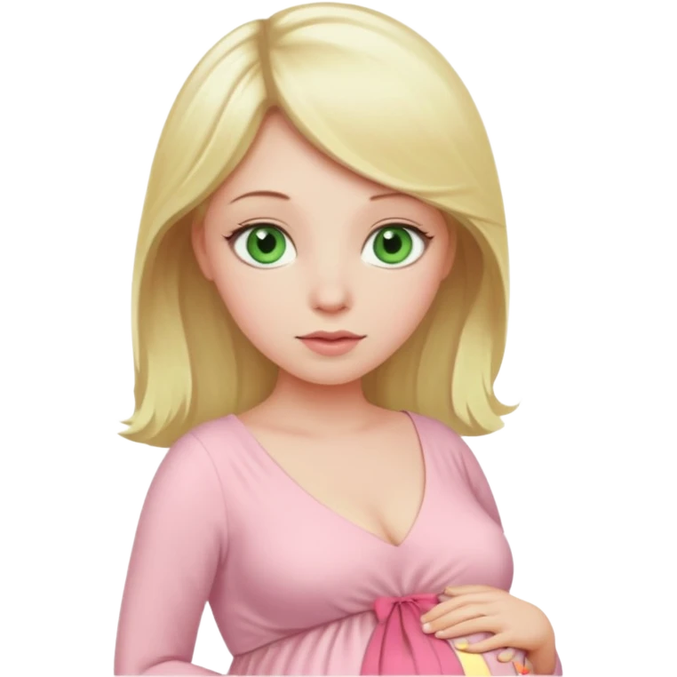 blond pregnant woman in pink pale dress with green eyes emoji