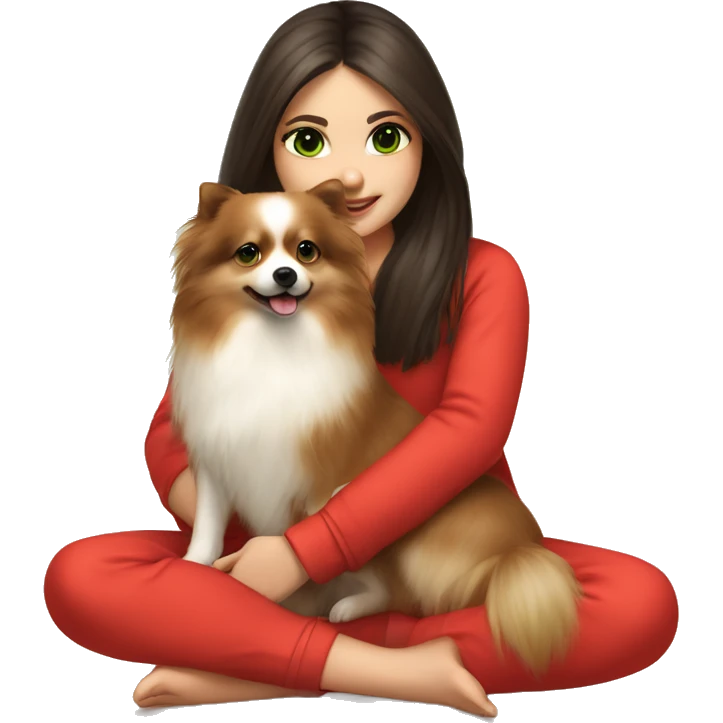 light-skinned-girl-with-dark-long-brown-hair-and-green-eyes-in-red-pajamas-petting-pomeranian emoji
