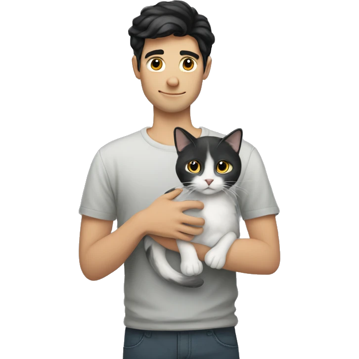 Black haired white Guy holding grey cat emoji