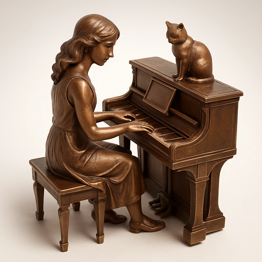 woman playing piano while her cat sits on top of the piano emoji