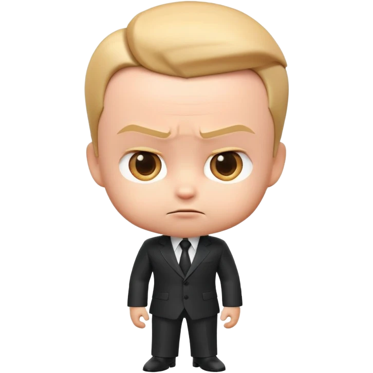 "Create a 3D emoji of Big Boss Baby with his sharp suit, slicked-back hair, and a confident, serious expression. Make it vibrant and playful, capturing his business-savvy attitude in a fun, exaggerated way!" emoji