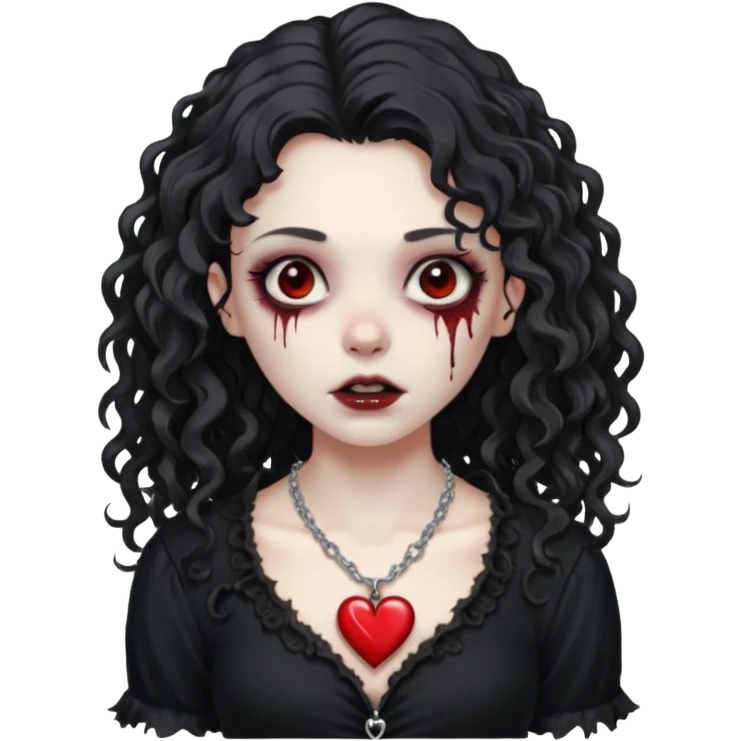 a zombie girl with a scar on her face, long curly hair, wearing a black blouse and a silver necklace with a heart pendant. emoji