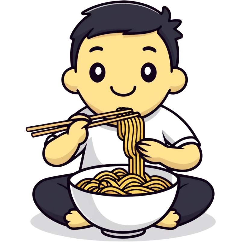 super programmer eating noodles while coding, cartoonish sticker style emoji