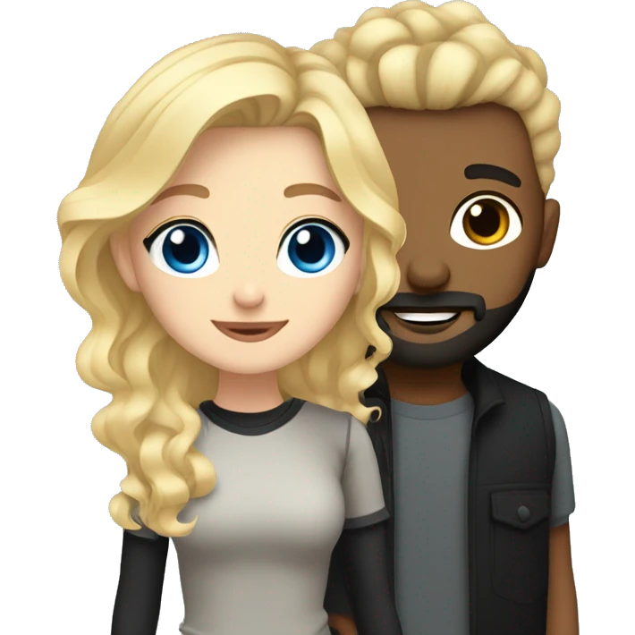 Blonde wavy hair girl with blue eyes and black undercut man with beard in love emoji