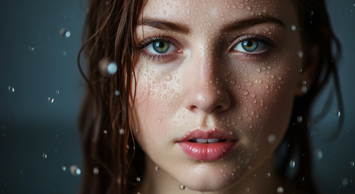 Extreme Closeup photo of a beautifull woman, water light reflection on face, low key light, cinematic light, 8K, very detailed, sharp emoji
