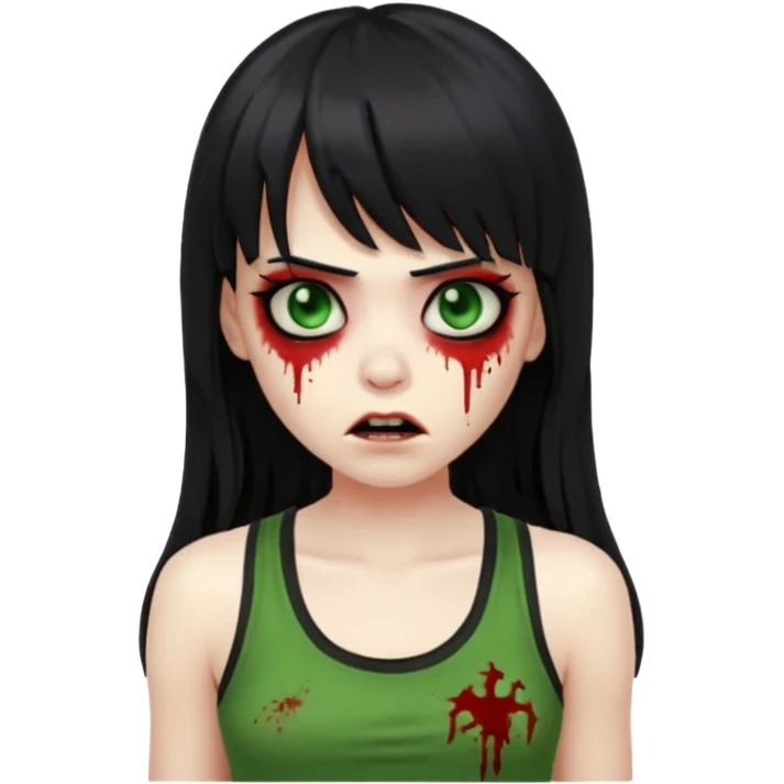 Zombie emoji with long hair black and bangs, with green skin, big red eyes, small nose, and a simple black tank top.  emoji