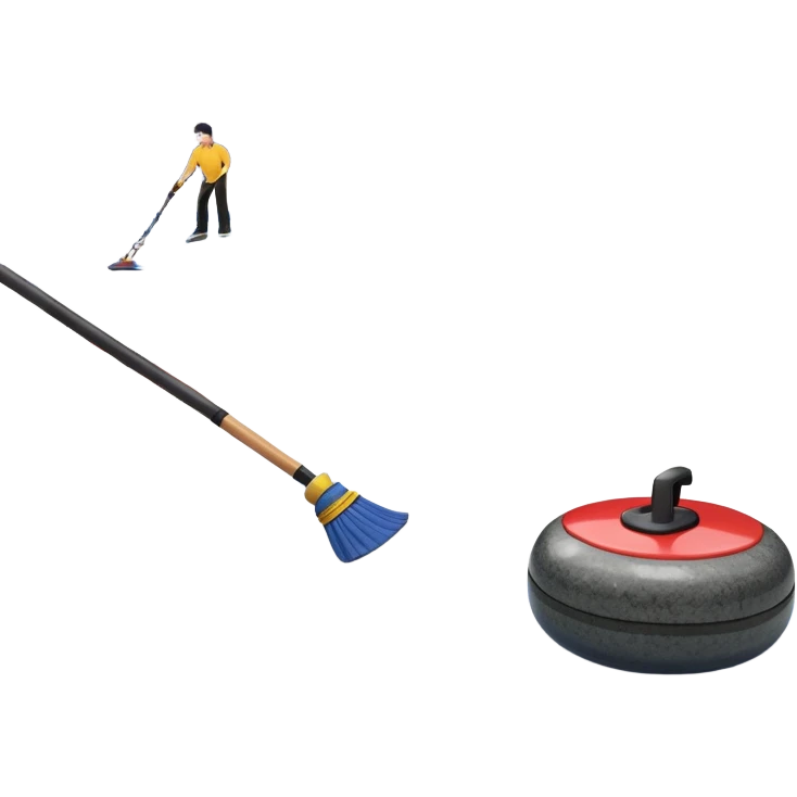 An icon showing a close-up of a curling stone sliding across the ice with a broom beside it. The scene is set in a brightly lit stadium, with detailed spectator stands in the background. Transparent background highlights the focus, skill, and atmosphere of the curling sport. emoji