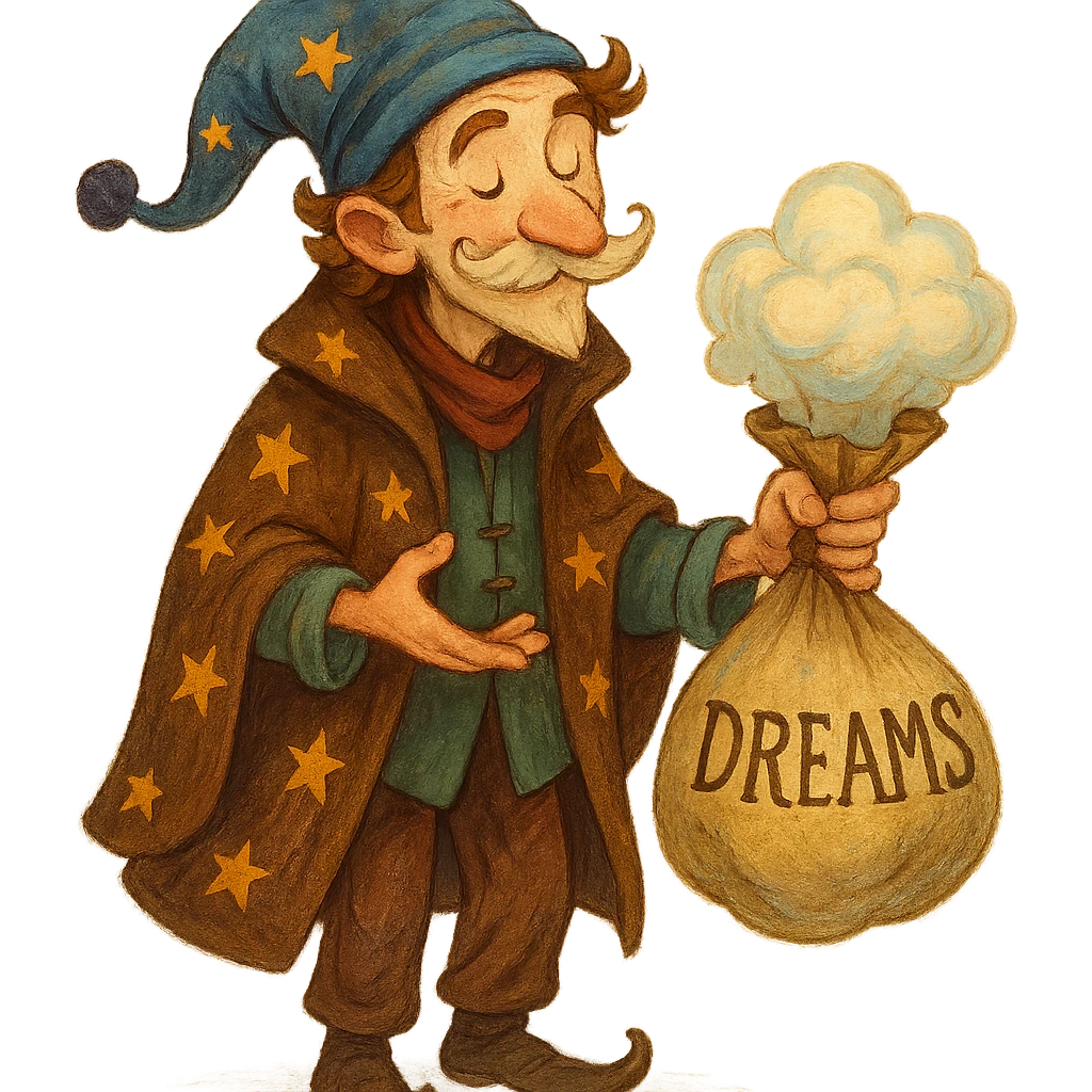 a dream seller character, whimsical and imaginative, holding a bag of dreams, no background, illustration style emoji