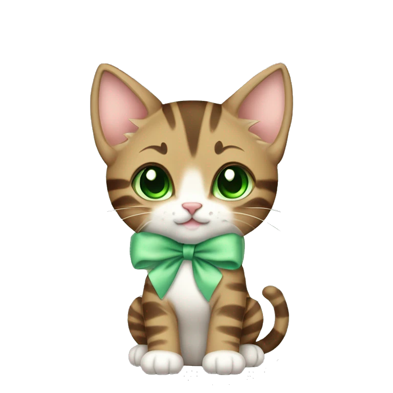 extremely cute kawaii brown tabby kitten with green eyes and pastel green bow full body emoji