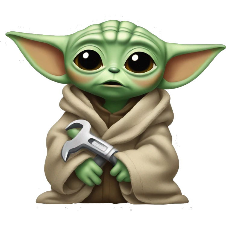 Baby Yoda  with a wrench and tired expression. tired from long repair, wipes the sweat off his face. emoji