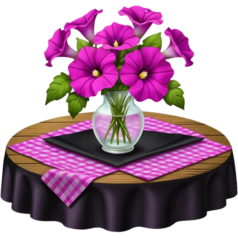 A lush bouquet of bright light margenta color petunia black satin ribbon, resting on an antique wooden table, with a pale yellow and pink plaid pattern table cloth emoji