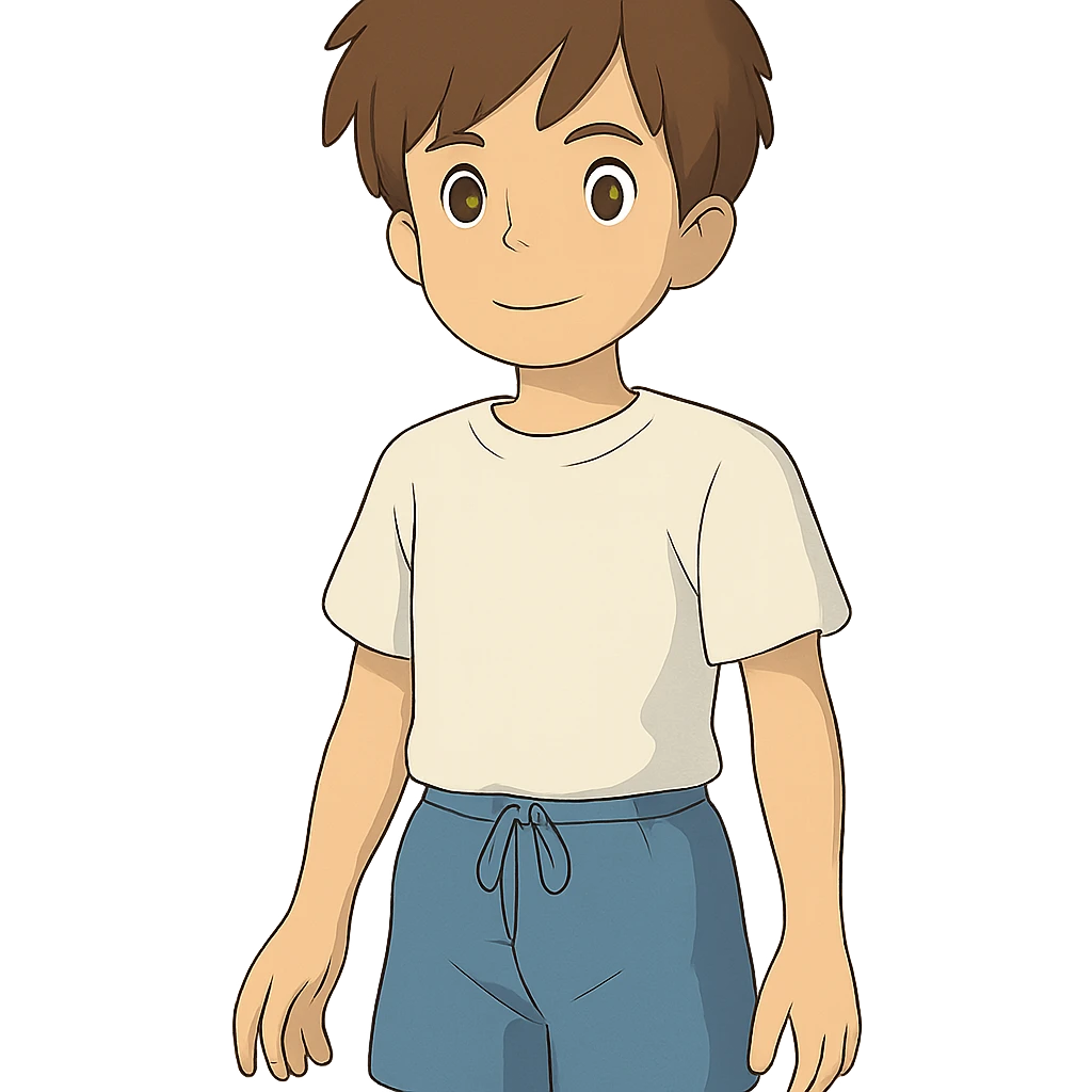 boy with brown hair, white shirt, blue swim shorts emoji