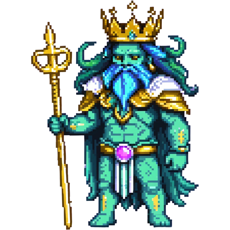 Neptune god of the sea wielding golden trident, blue-green skin, wearing crown emoji
