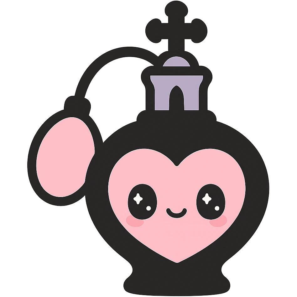 gothic perfume bottle, black and pink, kawaii style emoji