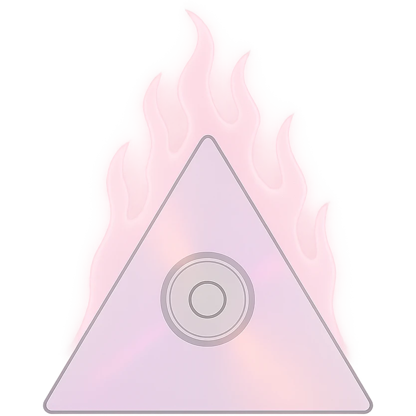A minimalist CD disc with subtle pink flames, glowing effect, variation 2, shape: triangle emoji