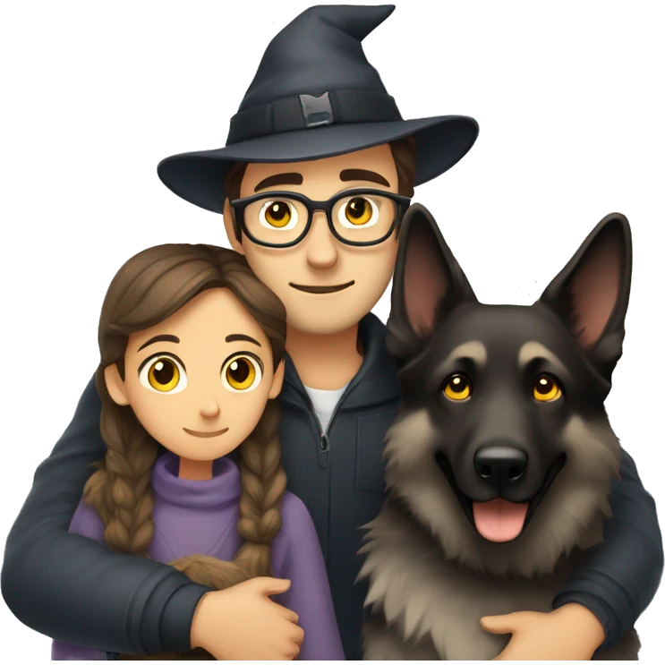 a man with brown hair and cozy hat, with grey eyes and black glasses hugging grey german shepherd dog witch has yellow eyes emoji