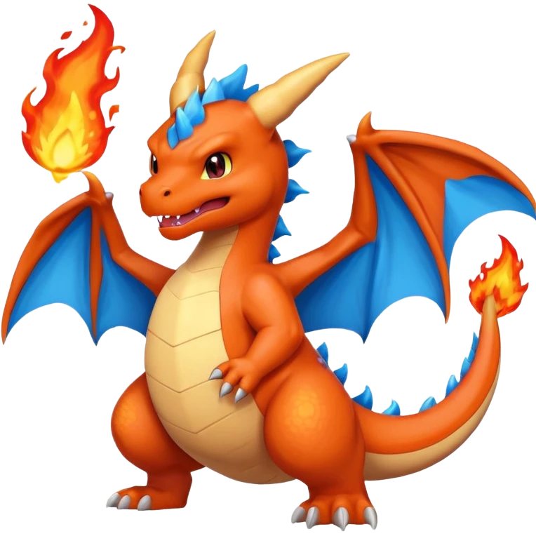 cute minimalistic charizard pokemon throwhing flames 2 horns, blue wings only on the inside part emoji