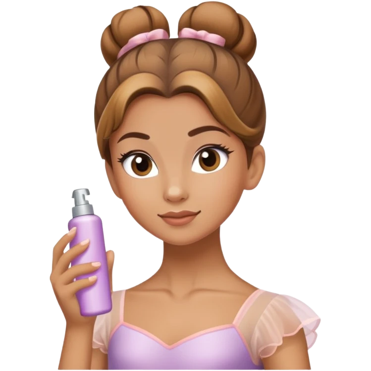 light brown haired ballerina spraying hairspray on her bun emoji