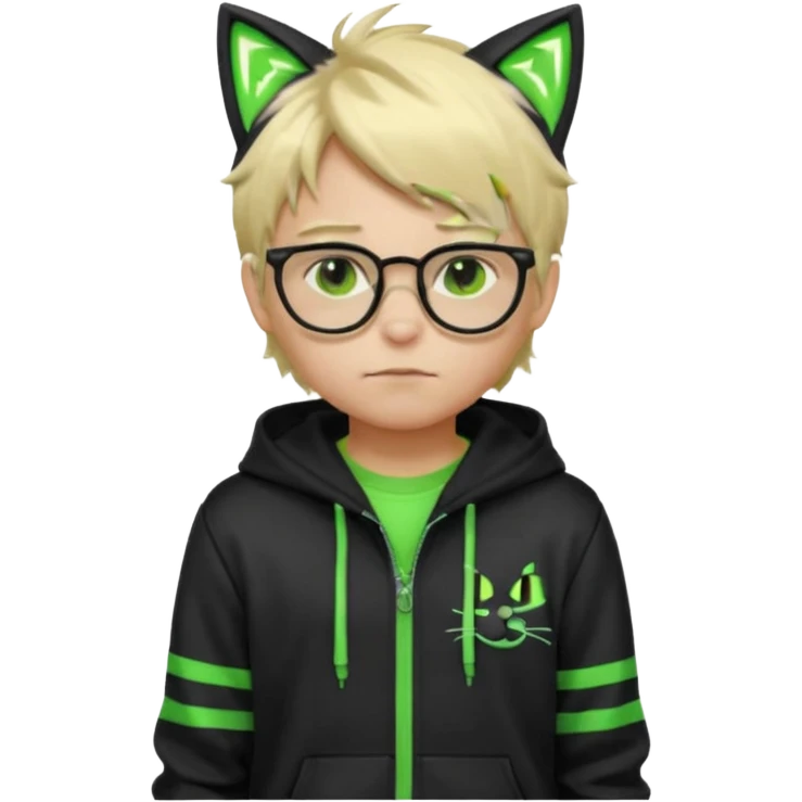 Light blond, slightly messy hair
Black glasses
A black hoodie with cat ears
Neon green details on the jacket and pants (glowing lines and stripes)
An overall hacker / cyberpunk style look
A neutral facial expression (boy )eyes brown) the hood with ears BROWN EYE BROWN EYE emoji