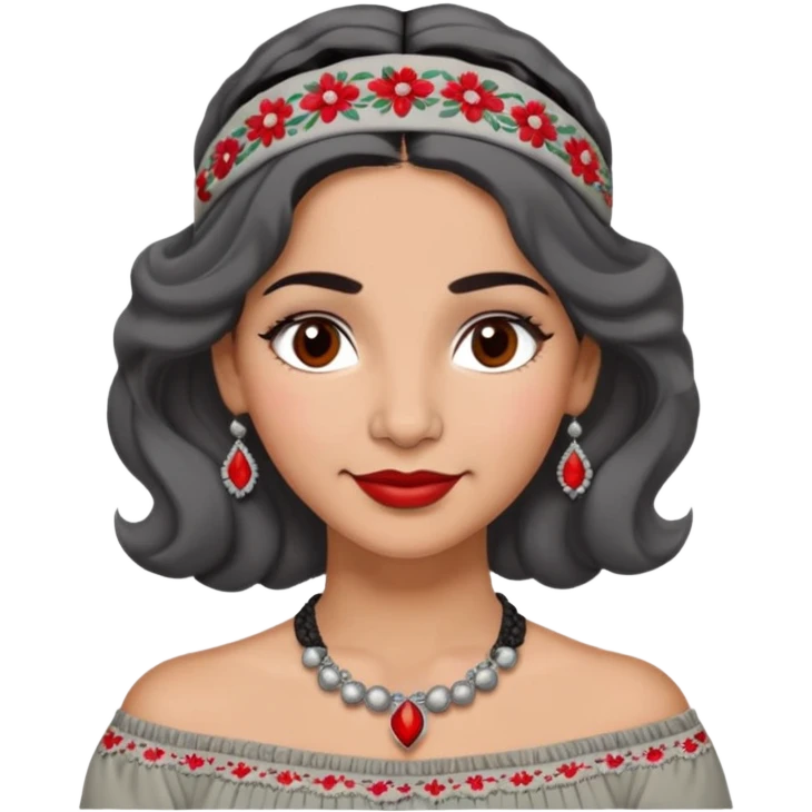 Latina woman, 50s, warm light brown skin, round soft face, wavy black and gray hair, red and white headband, medium eyes, thin eyebrows, gentle smile, gray peasant blouse, decorative embroidery, bare shoulders, large dark necklace emoji