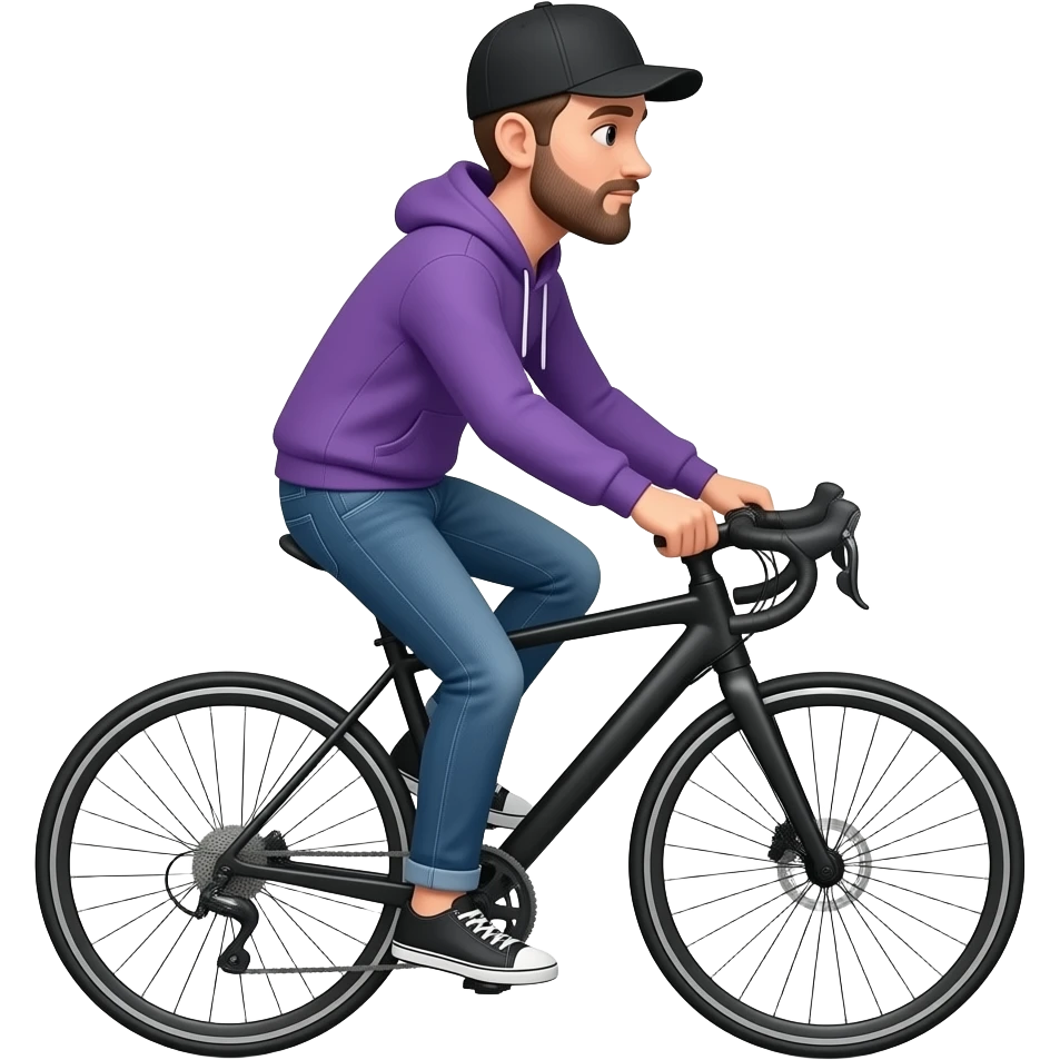 tall skinny guy with black basecap, circle beard and purple hoodie and jeans rides a black e-bike on white background. emoji