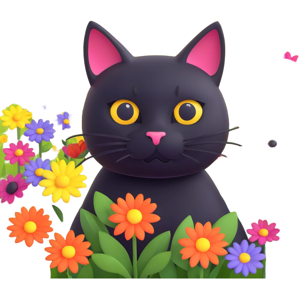 A black cat with a flower on its head in a field of flowers, pastel colors emoji
