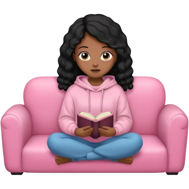 Una chica linda de cabello negro con ondas hasta los hombros de piel blanca con una sudadera rosa en un sofá cómodo y hermoso leyendo la biblia emoji